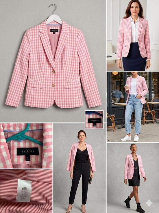 Talbots Jackets & Blazers - Talbots Classic Gingham Checked Blazer - Pink & White - Size 6